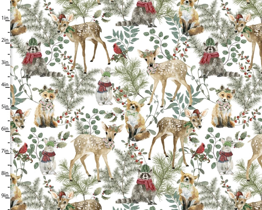 Whimsy Winter Woodland - Whimsy Animals Foliage White from 3 Wishes Fabric