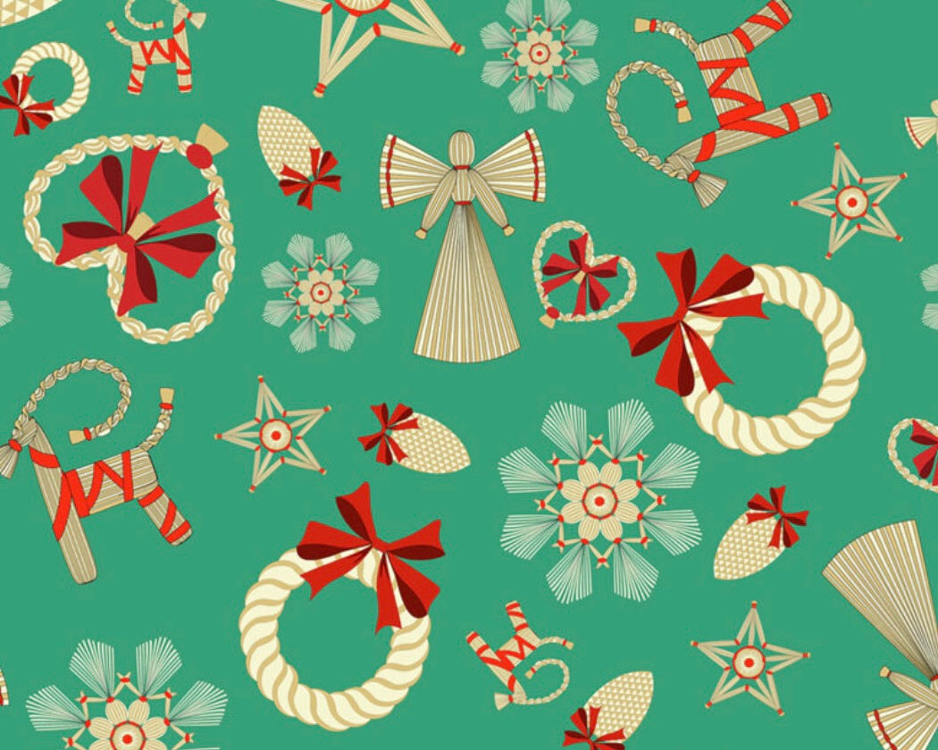 Norwegian Christmas - Straw Decorations Green by Arne and Carlos from Lewis and Irene Fabric
