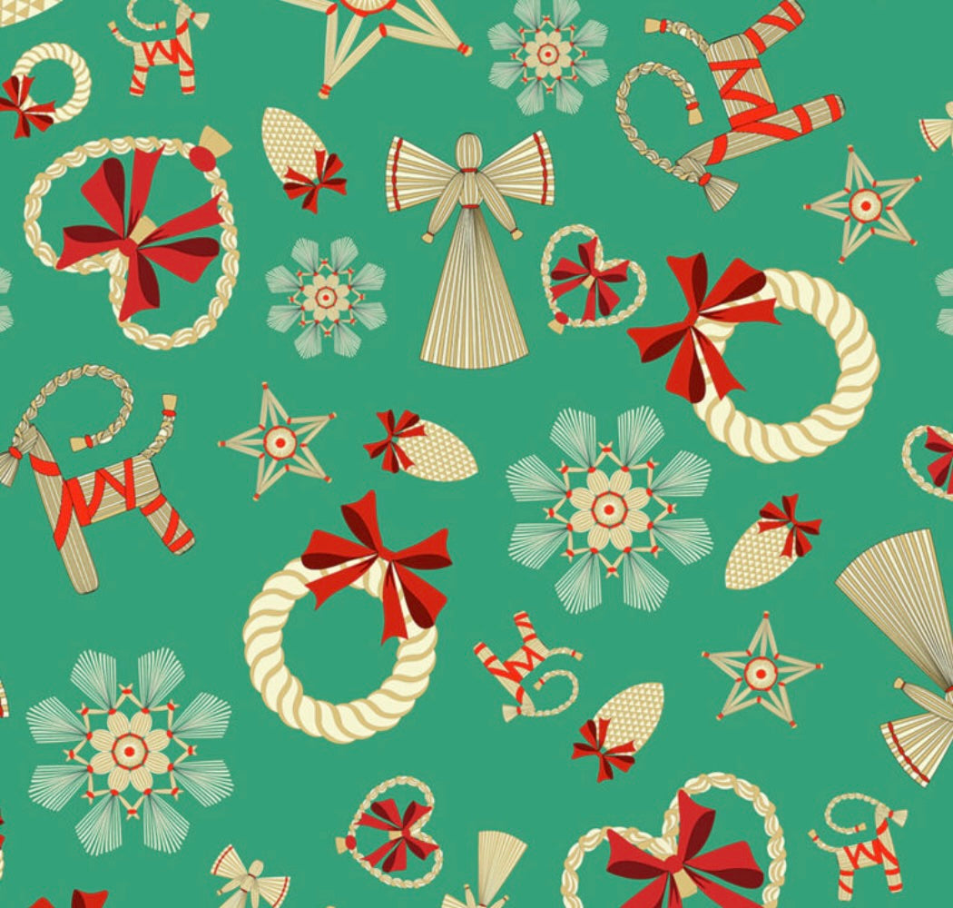 Norwegian Christmas - Straw Decorations Green by Arne and Carlos from Lewis and Irene Fabric