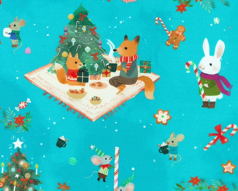 Jingle Pals - Animals Tree Activities Turquoise from Robert Kaufman Fabric