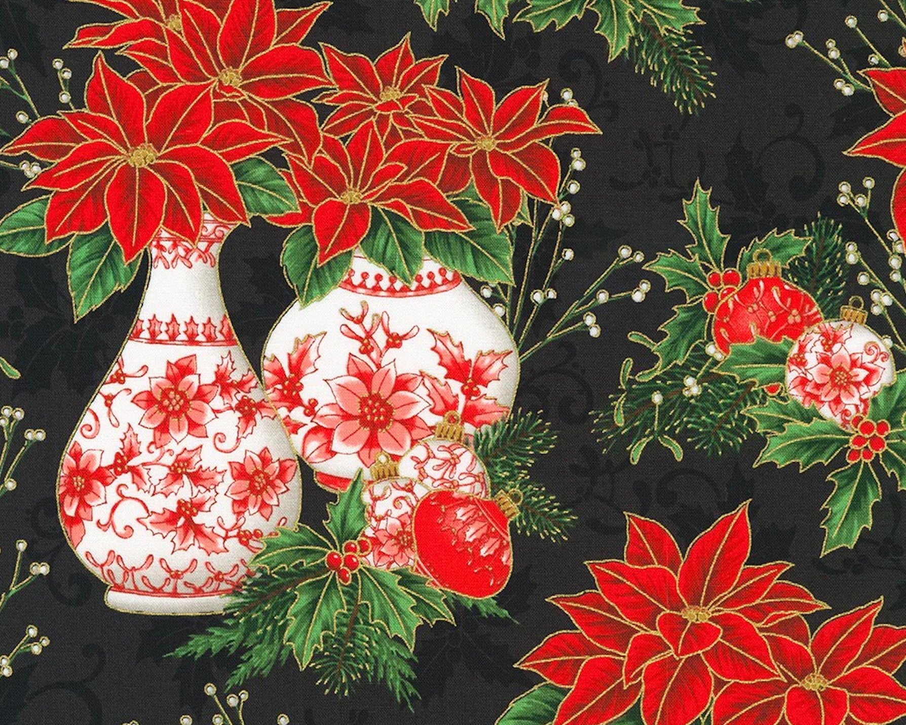 Holiday Flourish Festive Finery - Poinsettia Arrangement Vase Black from Robert Kaufman Fabric