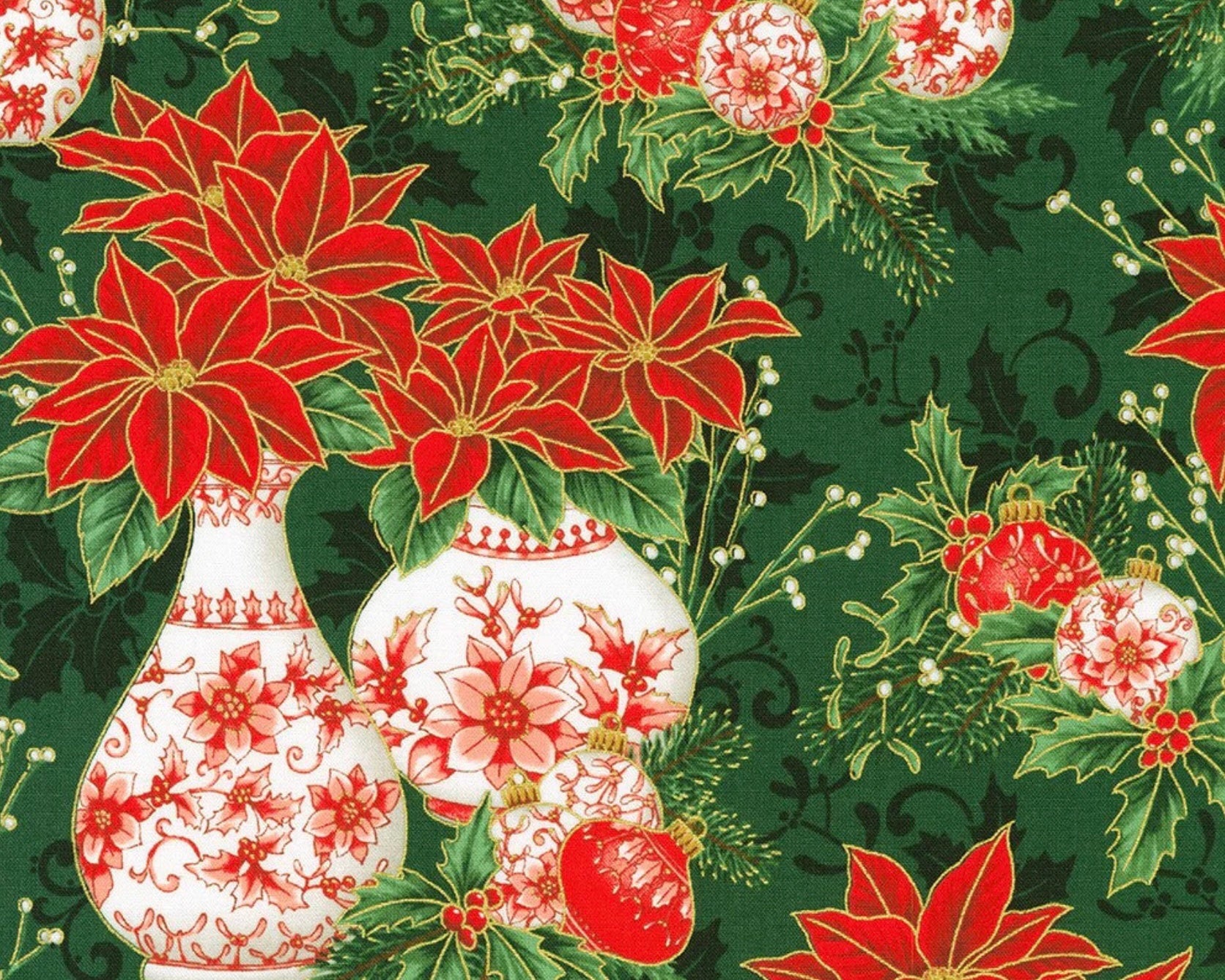 Holiday Flourish Festive Finery - Poinsettia Arrangement Vase Pine from Robert Kaufman Fabric