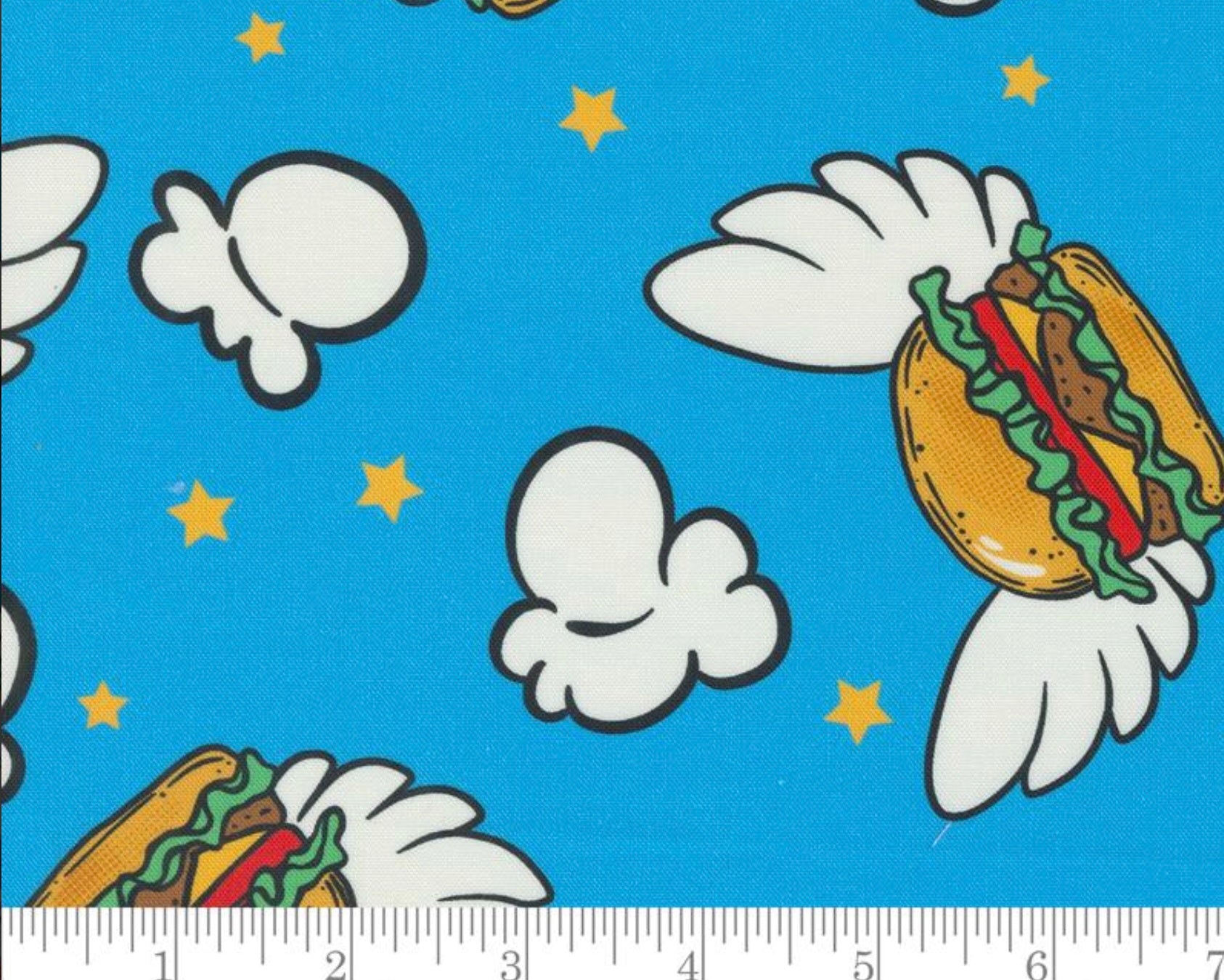 Snack Shark COATED - Flying Burgers Popcorn Blue Laminated from Moda Fabrics