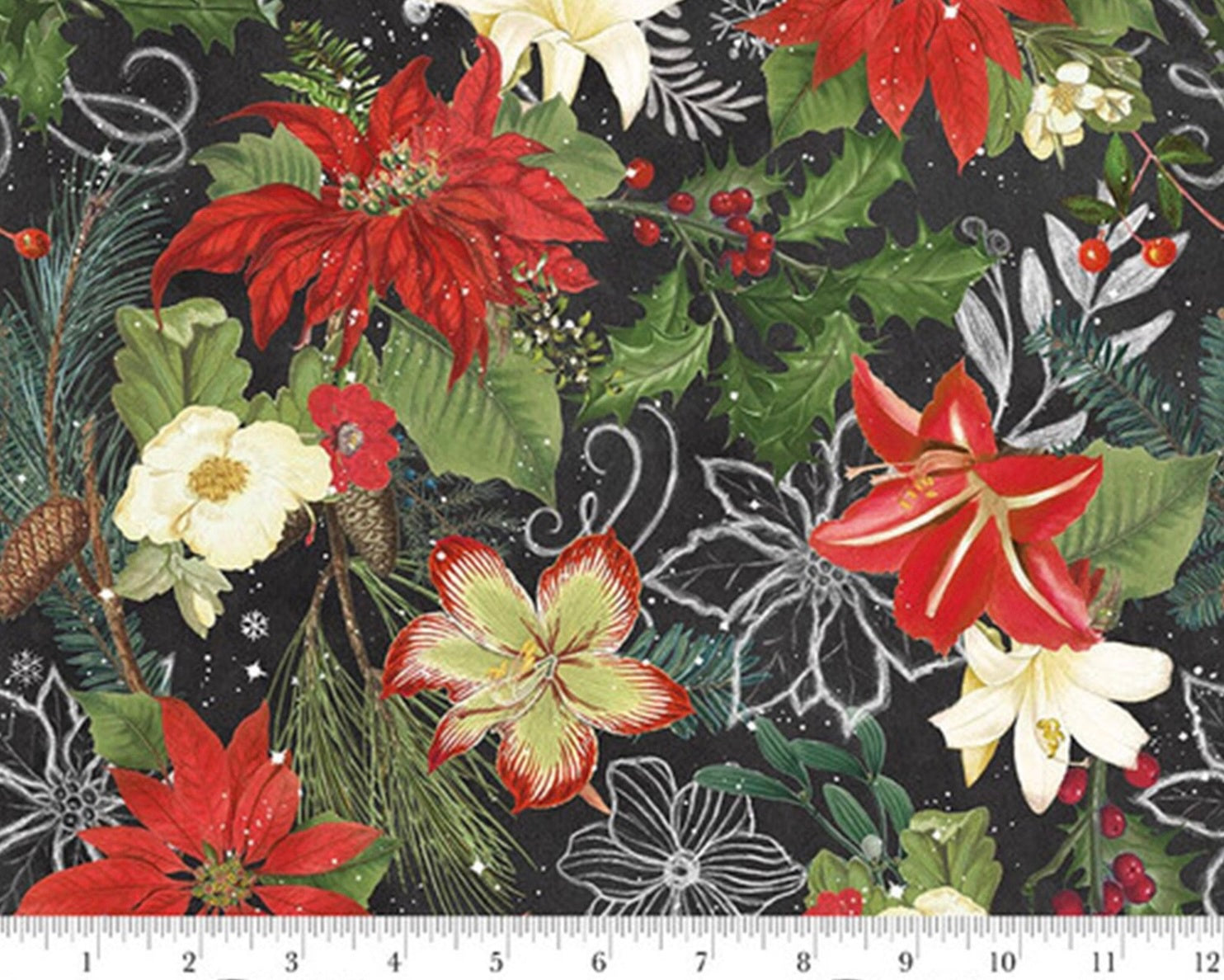 Be Merry Shine Bright - Poinsettias Florals Charcoal from Blank Quilting Corporation Fabrics