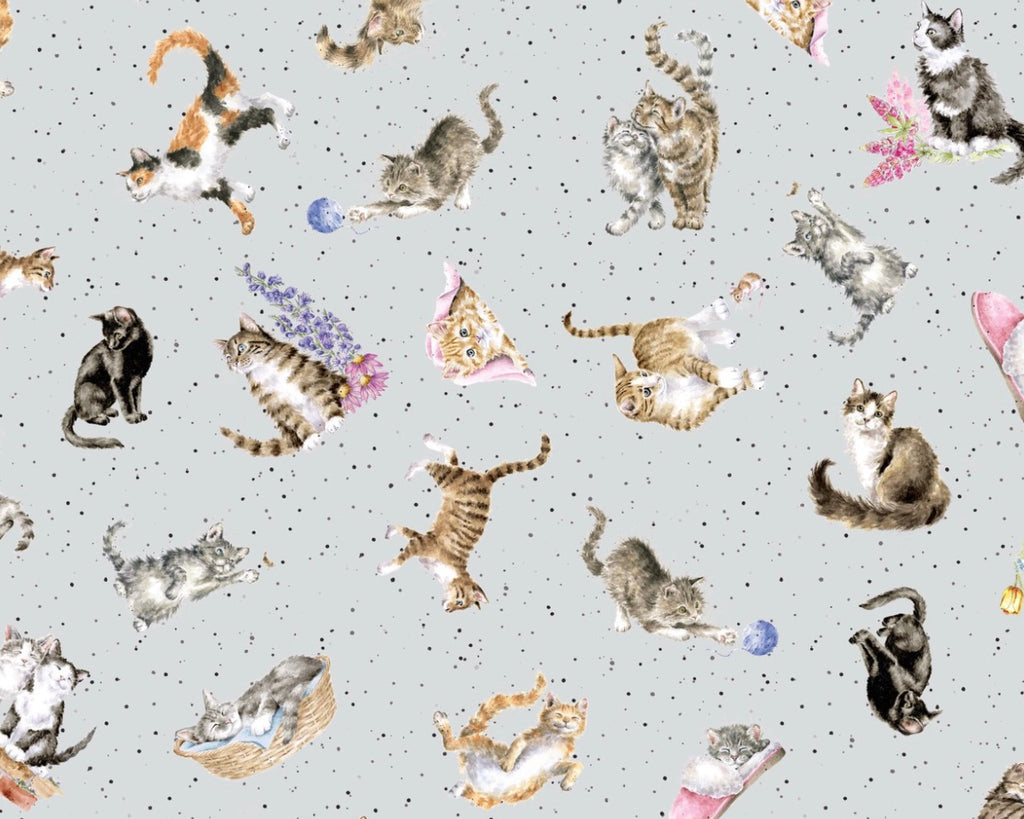 Whiskers and Paws- Tossed Cats Grey from Maywood Studio Fabric