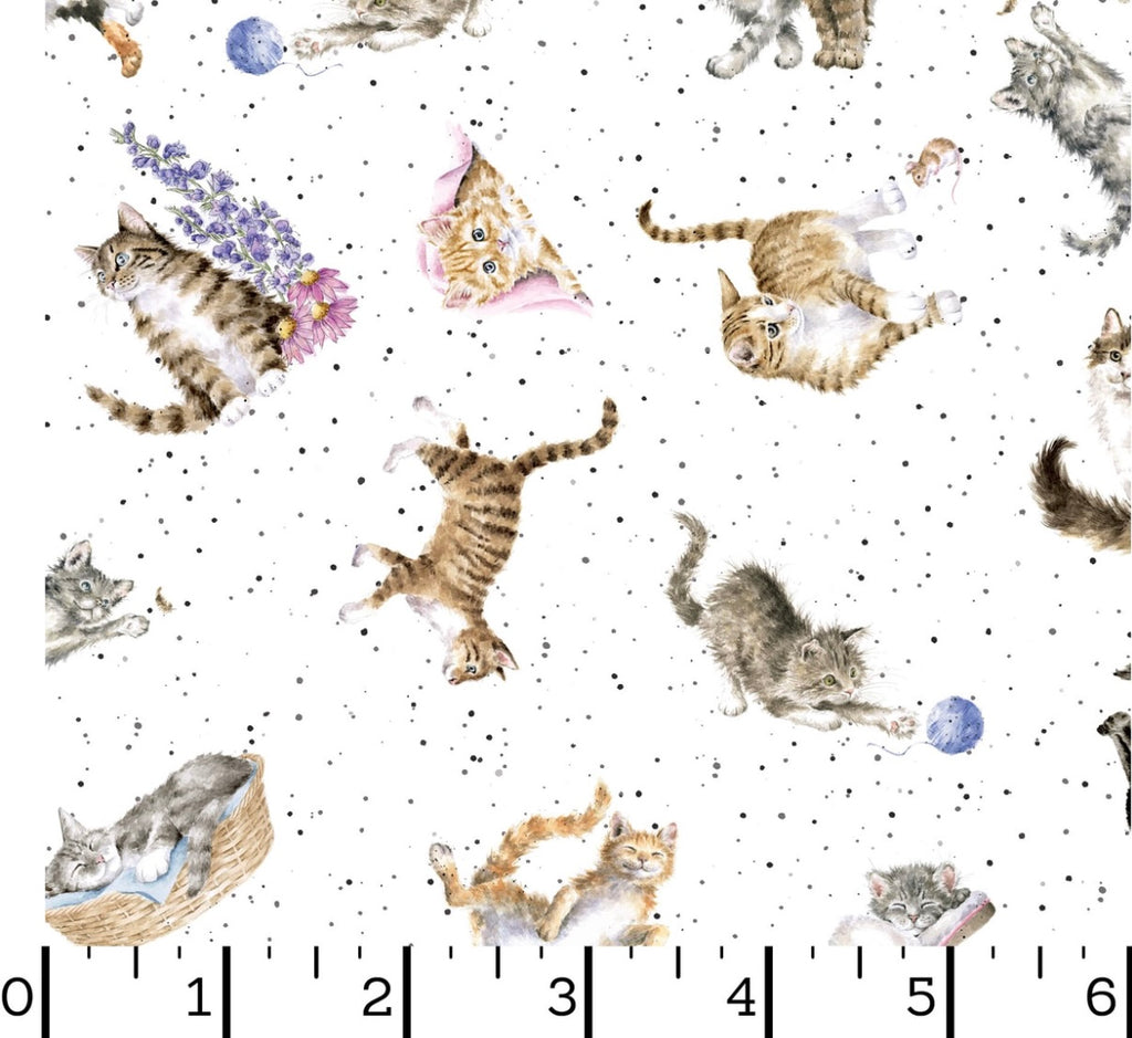 Whiskers and Paws- Tossed Cats White from Maywood Studio Fabric