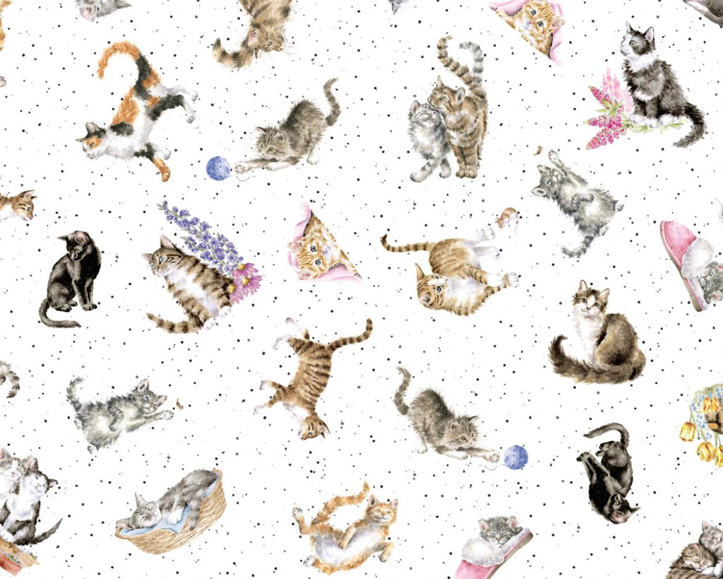 Whiskers and Paws- Tossed Cats White from Maywood Studio Fabric