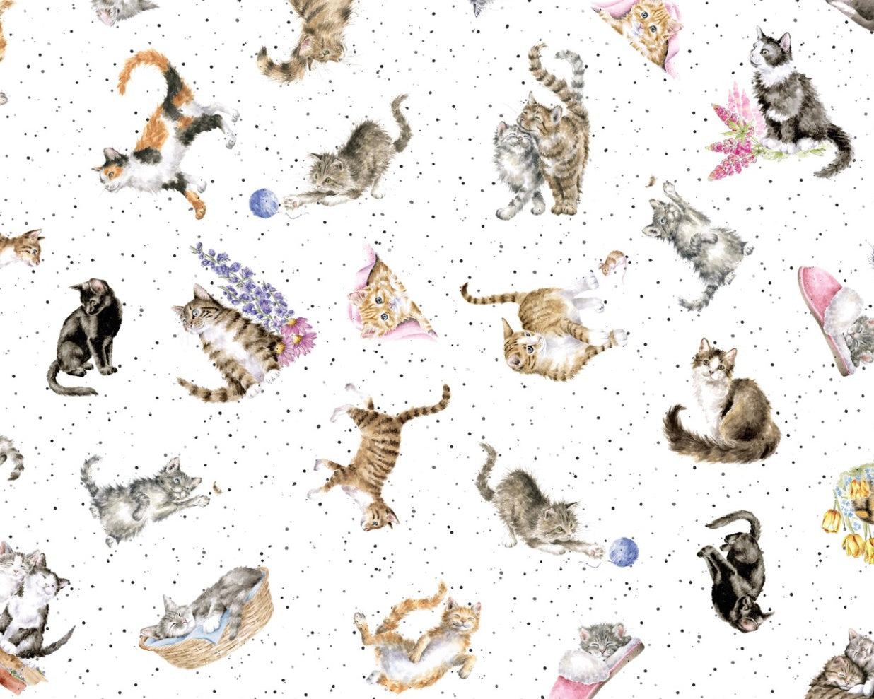 Whiskers and Paws- Tossed Cats White from Maywood Studio Fabric