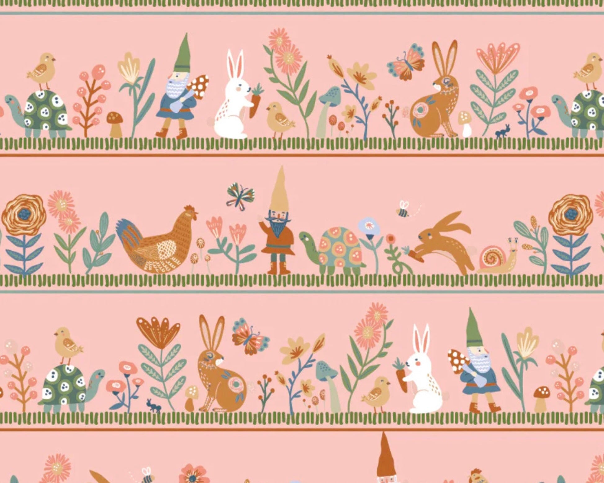 Hide and Seek - Honey I’m Gnome Bunnies Pink from Poppie Cotton Fabric