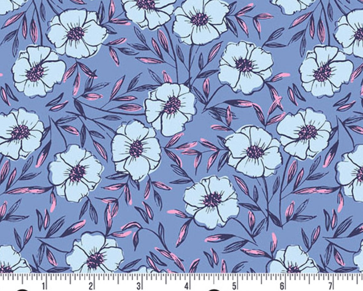 Petals and Stitches - Bouquet Floral Bliss Denim Blue from Andover Fabrics