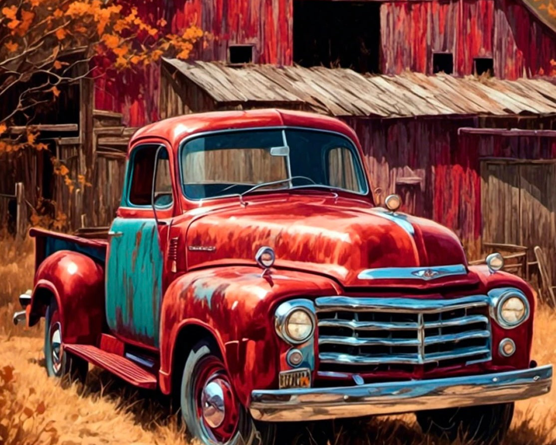 Vintage Truck at Barn PANEL 36 Inches from David Textiles Fabrics