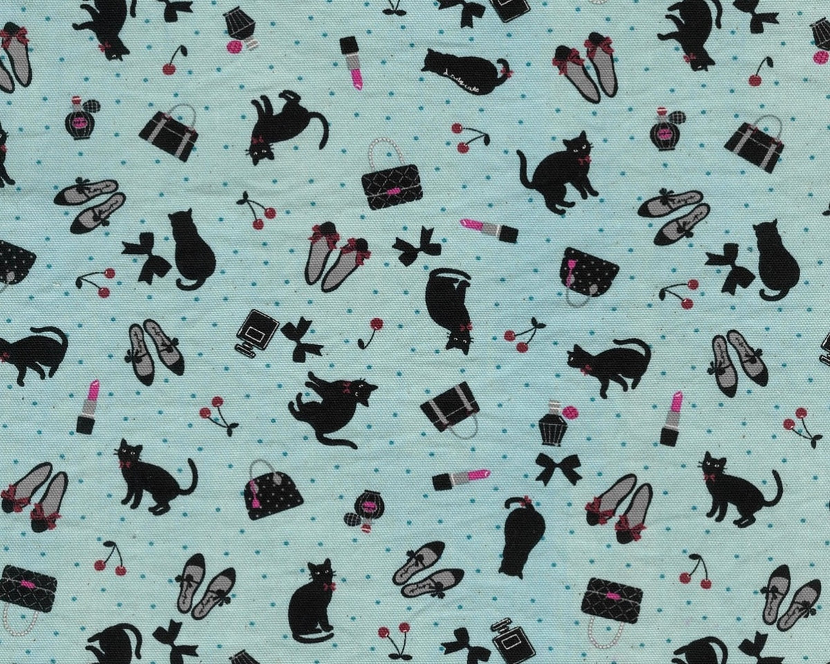 Cherry Bonbon OXFORD - Black Cat Blue from Kokka Fabrics