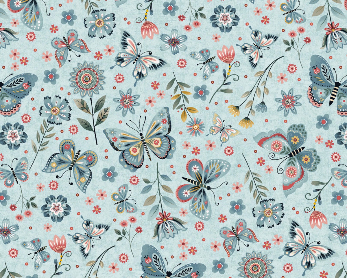 Norwegian Forest - Butterfly Floral Pale Blue from Henry Glass Fabric