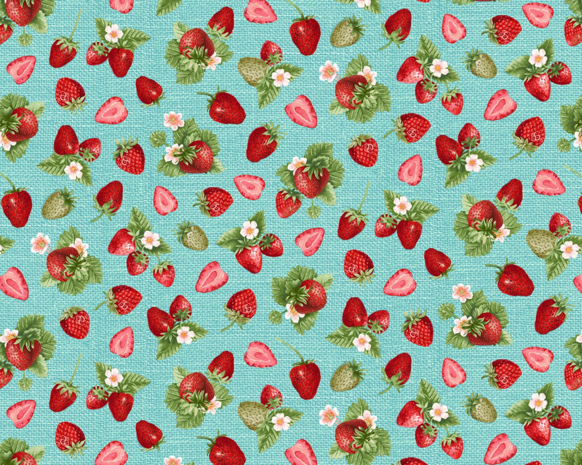 Berry Besties - Tossed Strawberries Blue from Henry Glass Fabric
