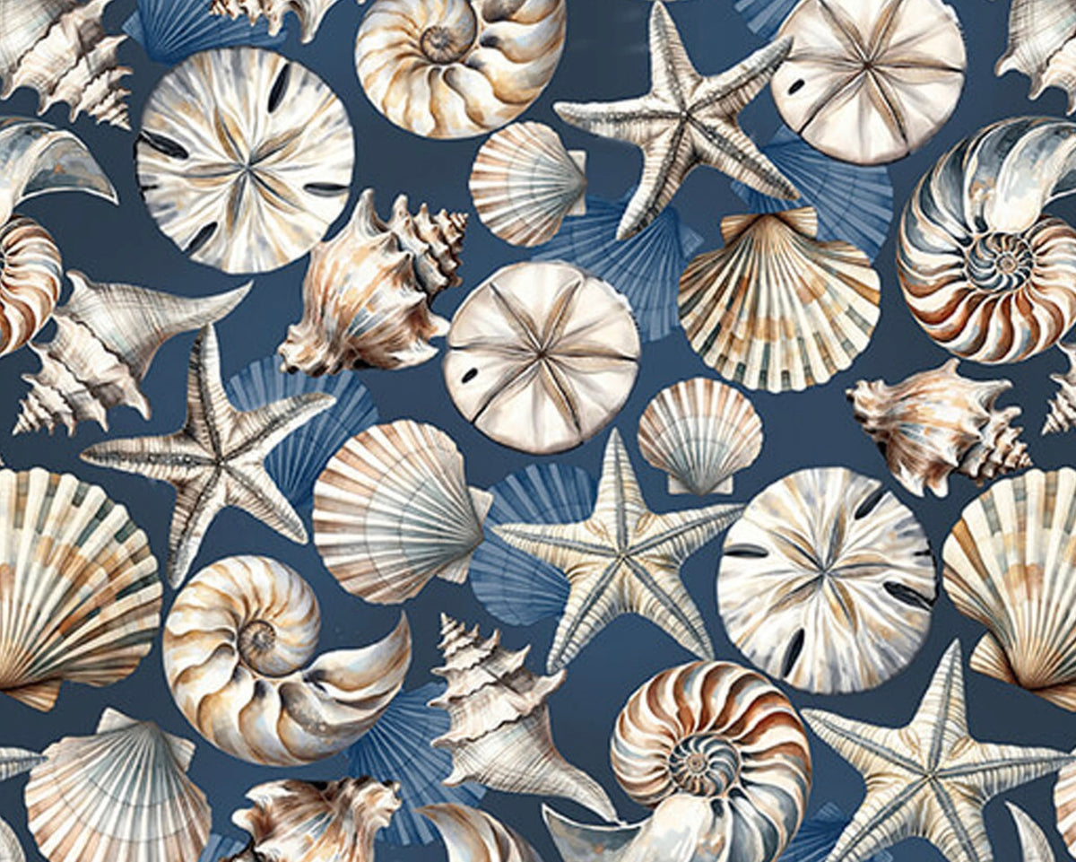 Coastal Escape - Coastal Shells Dk Blue from Benartex Fabrics