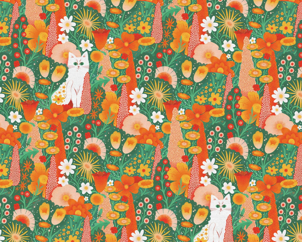Whiskers and Wildflowers - Cats Flowers Green Orange from Paintbrush Studio Fabrics