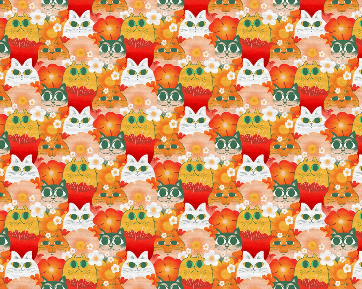 Whiskers and Wildflowers - Purrfect Garden Cats Green Orange from Paintbrush Studio Fabrics