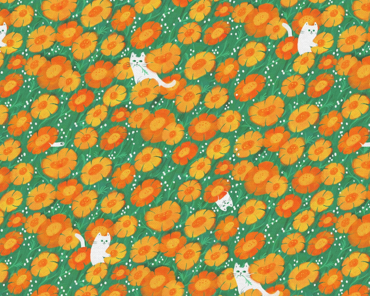 Whiskers and Wildflowers - Floral Felines Orange Floral from Paintbrush Studio Fabrics