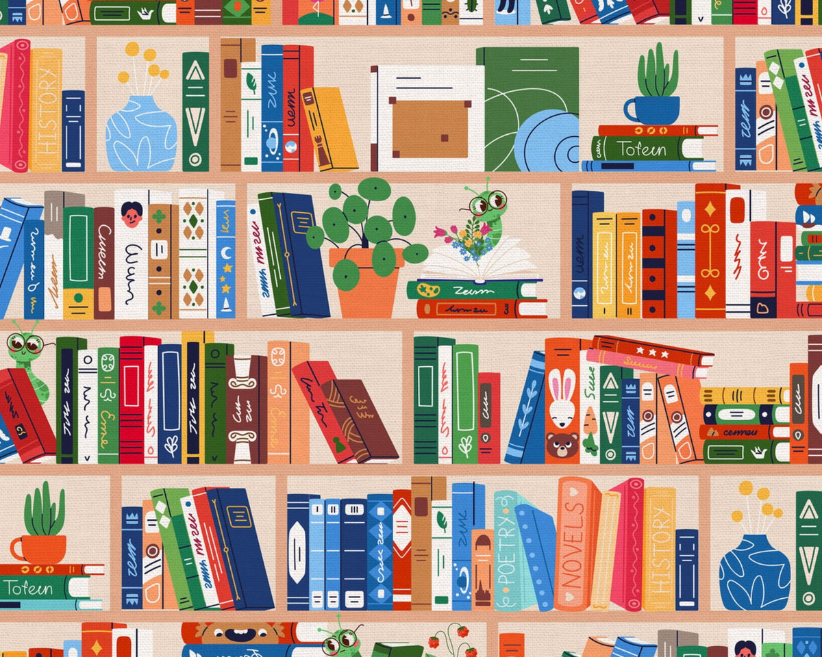Book Worm - Book Shelves Multi from Paintbrush Studio Fabrics