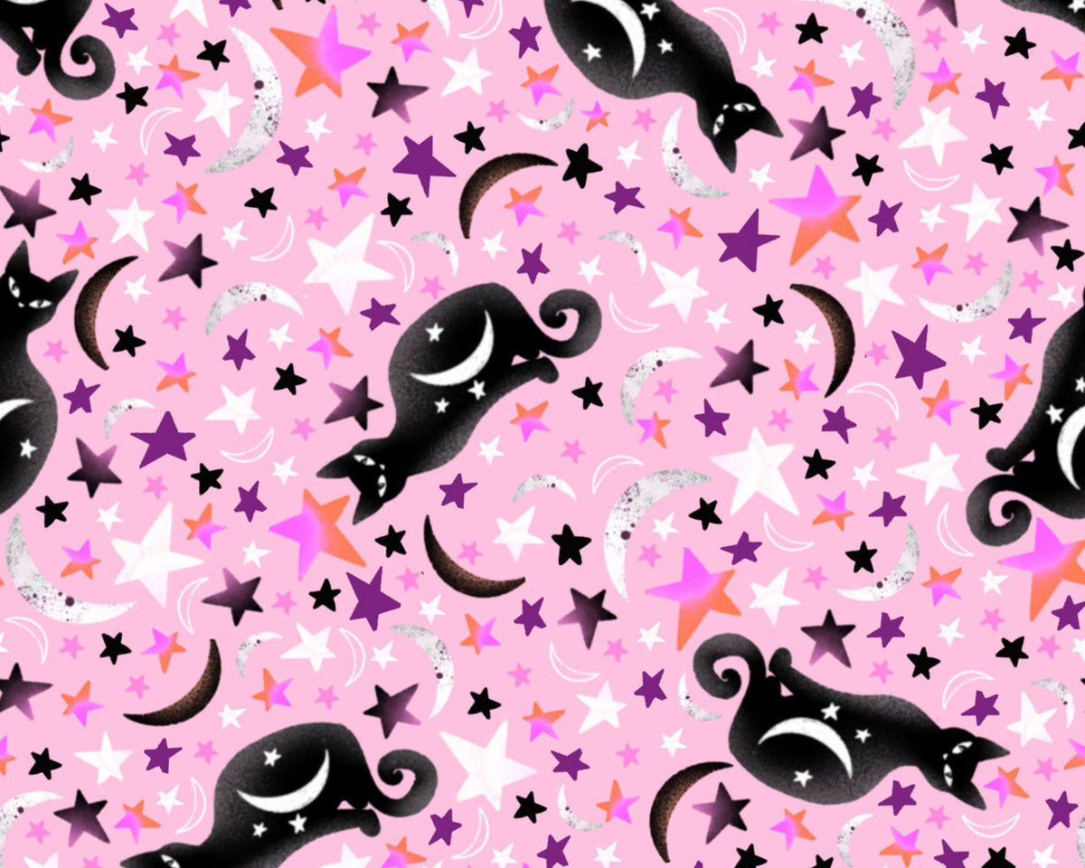 Ghostly Greetings - Cats Stars Moon Pink from Blank Quilting Corporation Fabrics