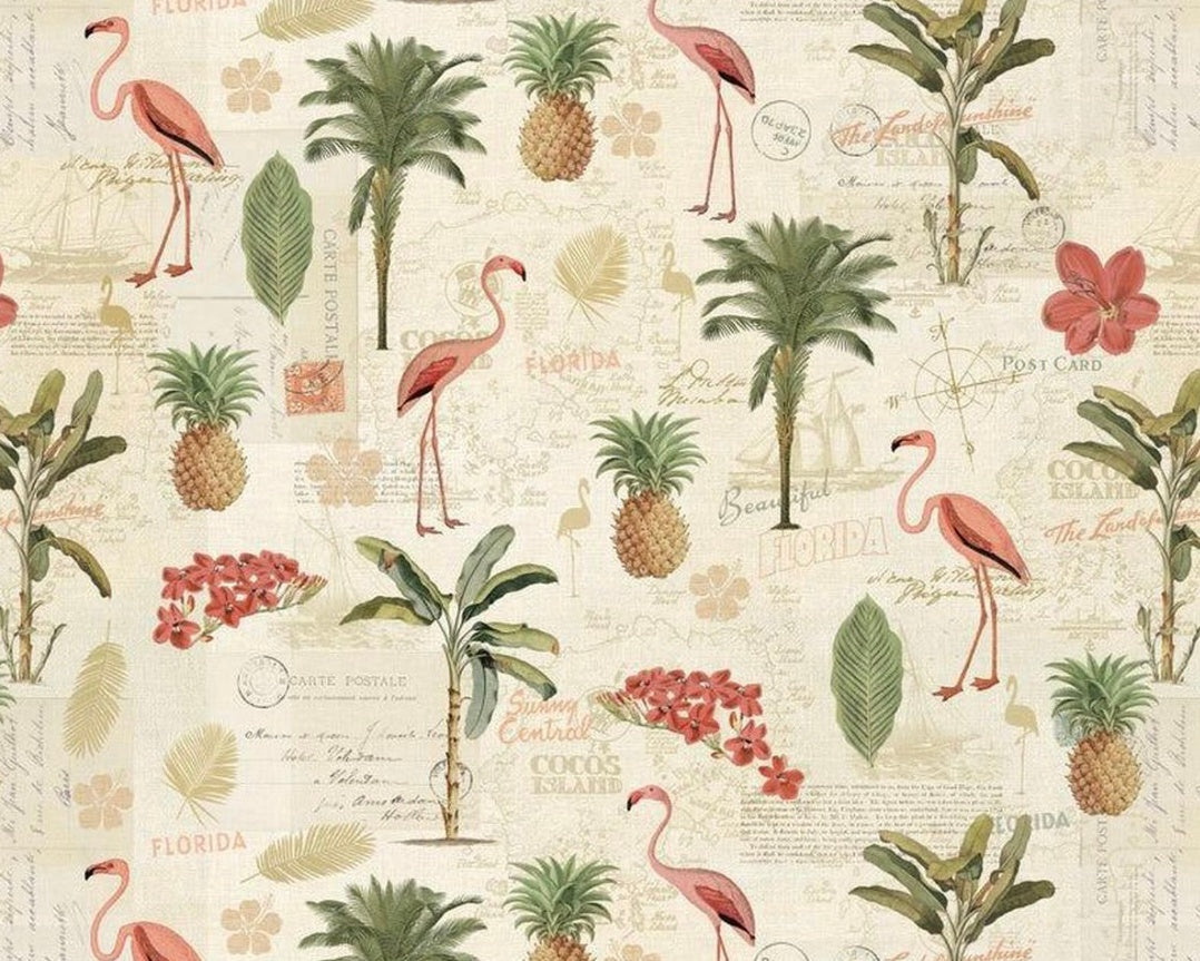 Palm Paradise - Flamingo Palm Pineapples Vintage from Camelot Fabrics