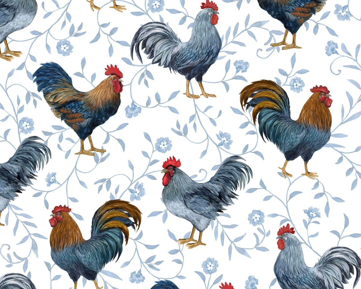 Country Blue - Large Roosters All Over White from Wilmington Prints Fabric