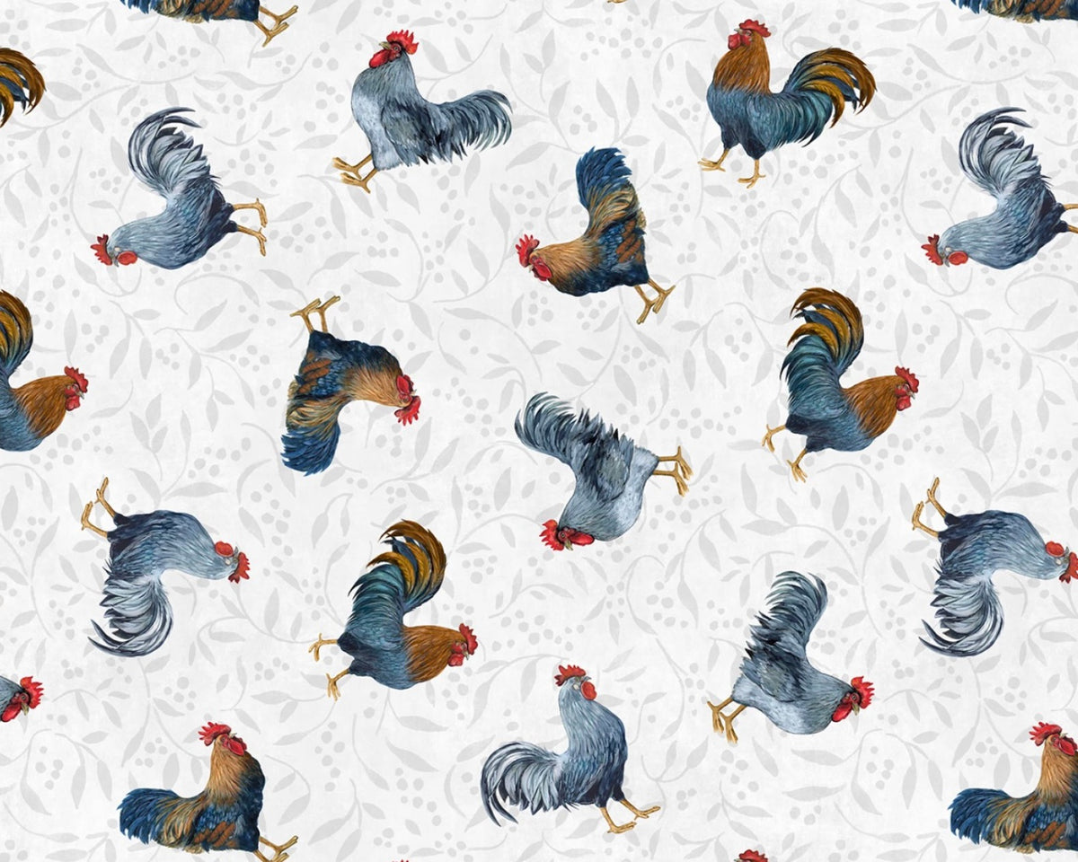 Country Blue - Rooster Toss Gray from Wilmington Prints Fabric
