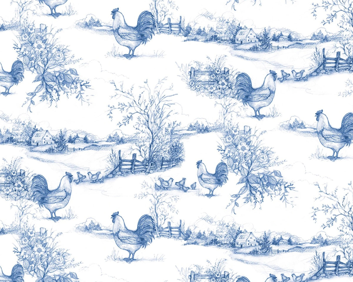 Country Blue - Rooster Toile Blue White from Wilmington Prints Fabric
