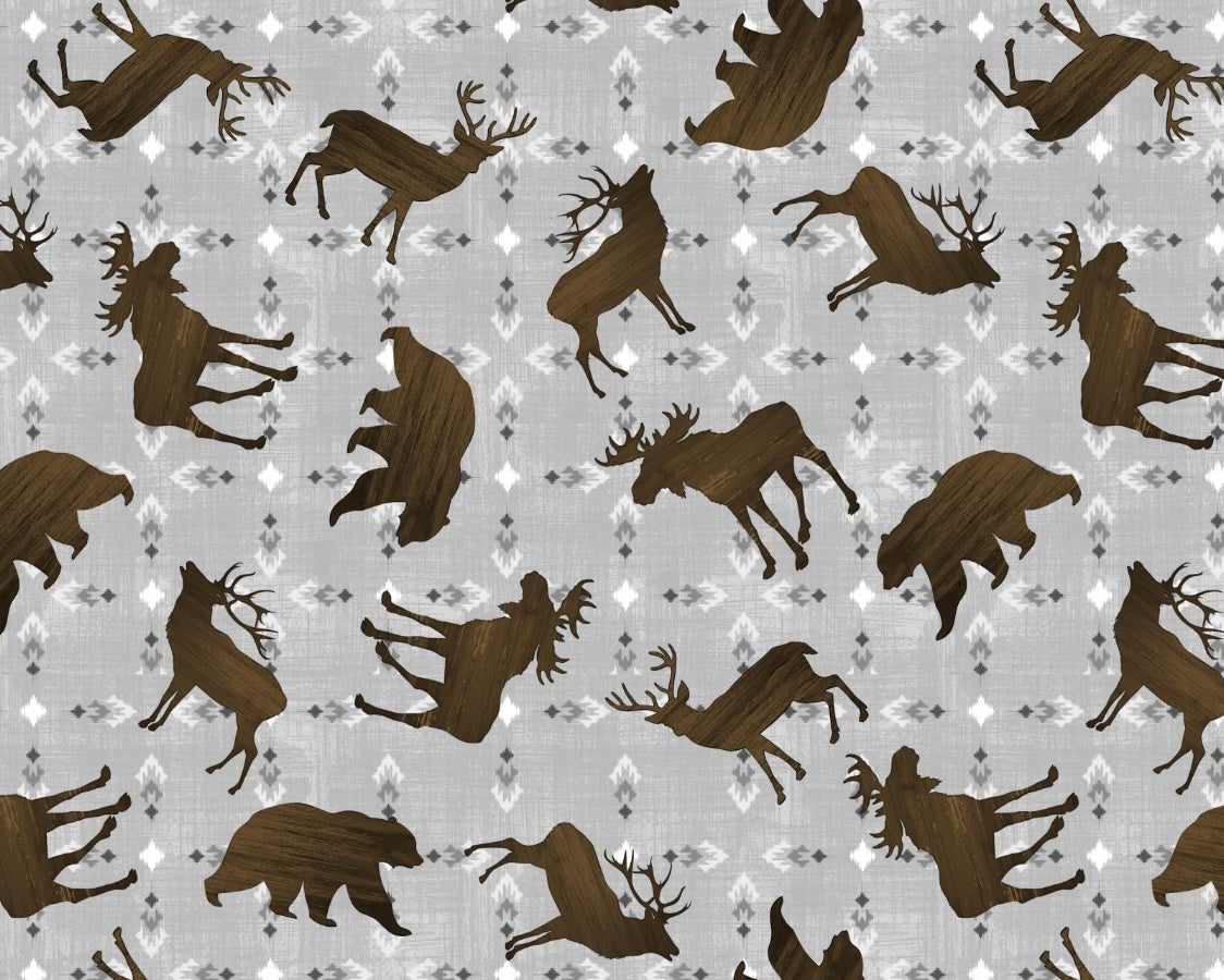 Timberland Trails - Animal Toss Grey from Wilmington Prints Fabric