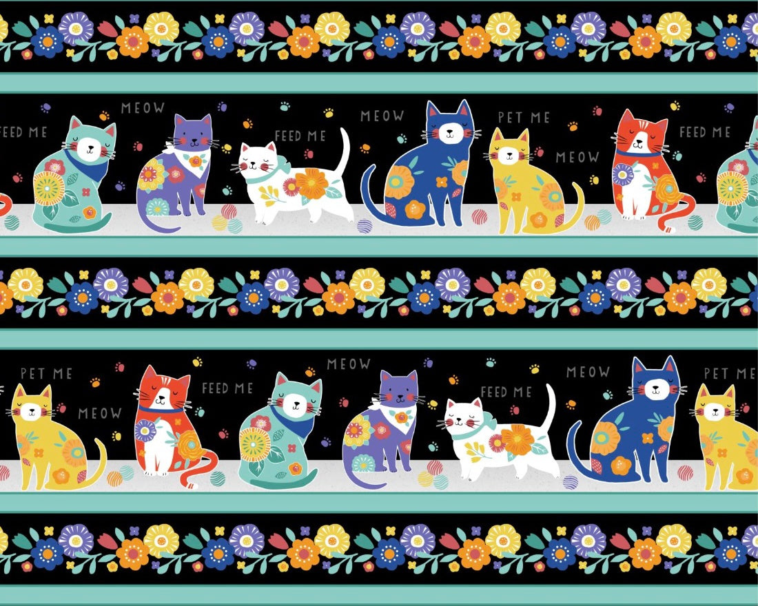 Fe-Line Frisky - Cats Repeat Stripe Multi from Wilmington Prints Fabric