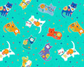 Fe-Line Frisky - Cat Toss Teal from Wilmington Prints Fabric