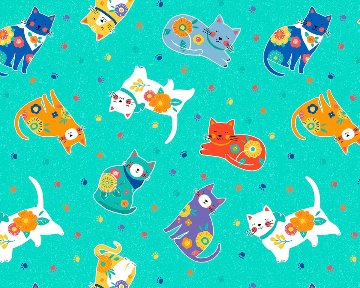 Fe-Line Frisky - Cat Toss Teal from Wilmington Prints Fabric