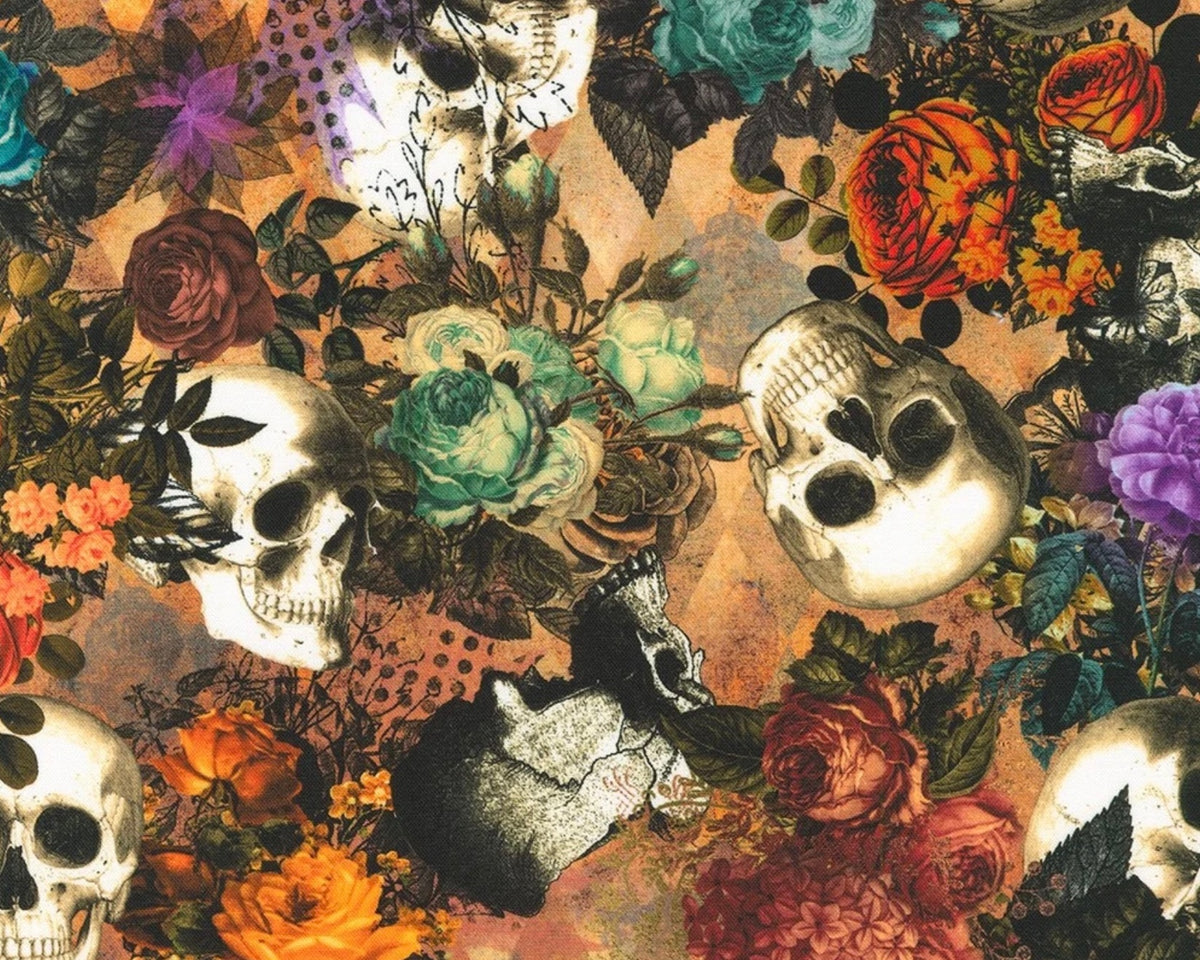 Dreadful Delights - Skull Roses Bone from Robert Kaufman Fabrics
