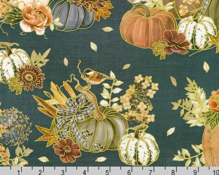 Hello Fall - Pumpkins Floral Ribbon Denim from Robert Kaufman Fabrics