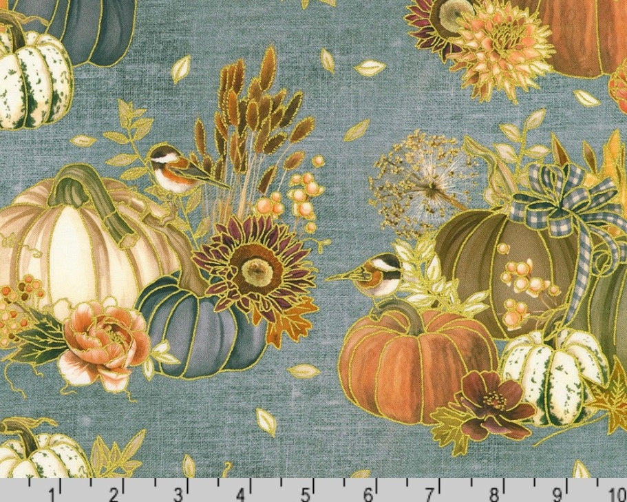 Hello Fall - Pumpkins Floral Ribbon Dusty Blue from Robert Kaufman Fabrics
