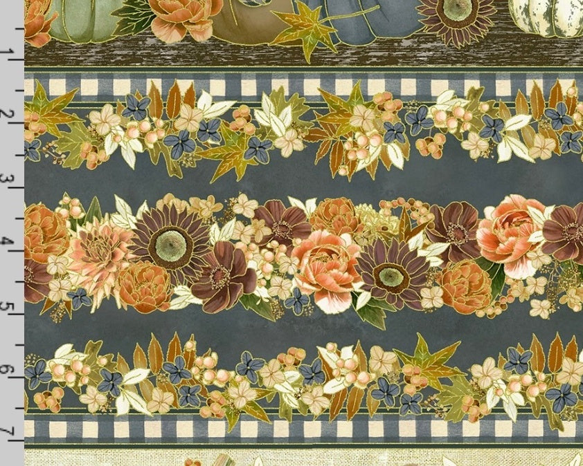 Hello Fall - Pumpkin Floral Stripe Denim from Robert Kaufman Fabrics