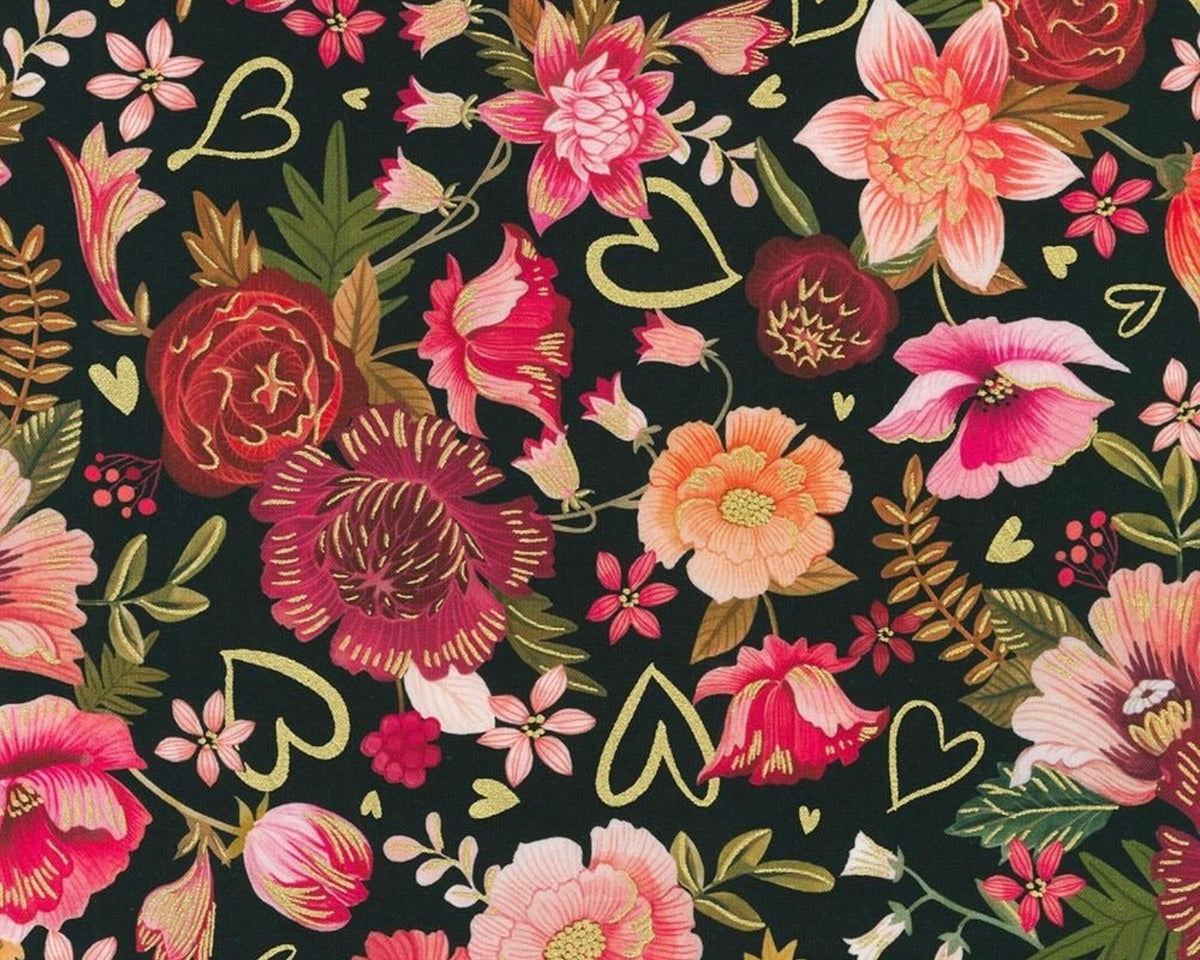 Hearts In Bloom - Floral Hearts Black from Robert Kaufman Fabrics