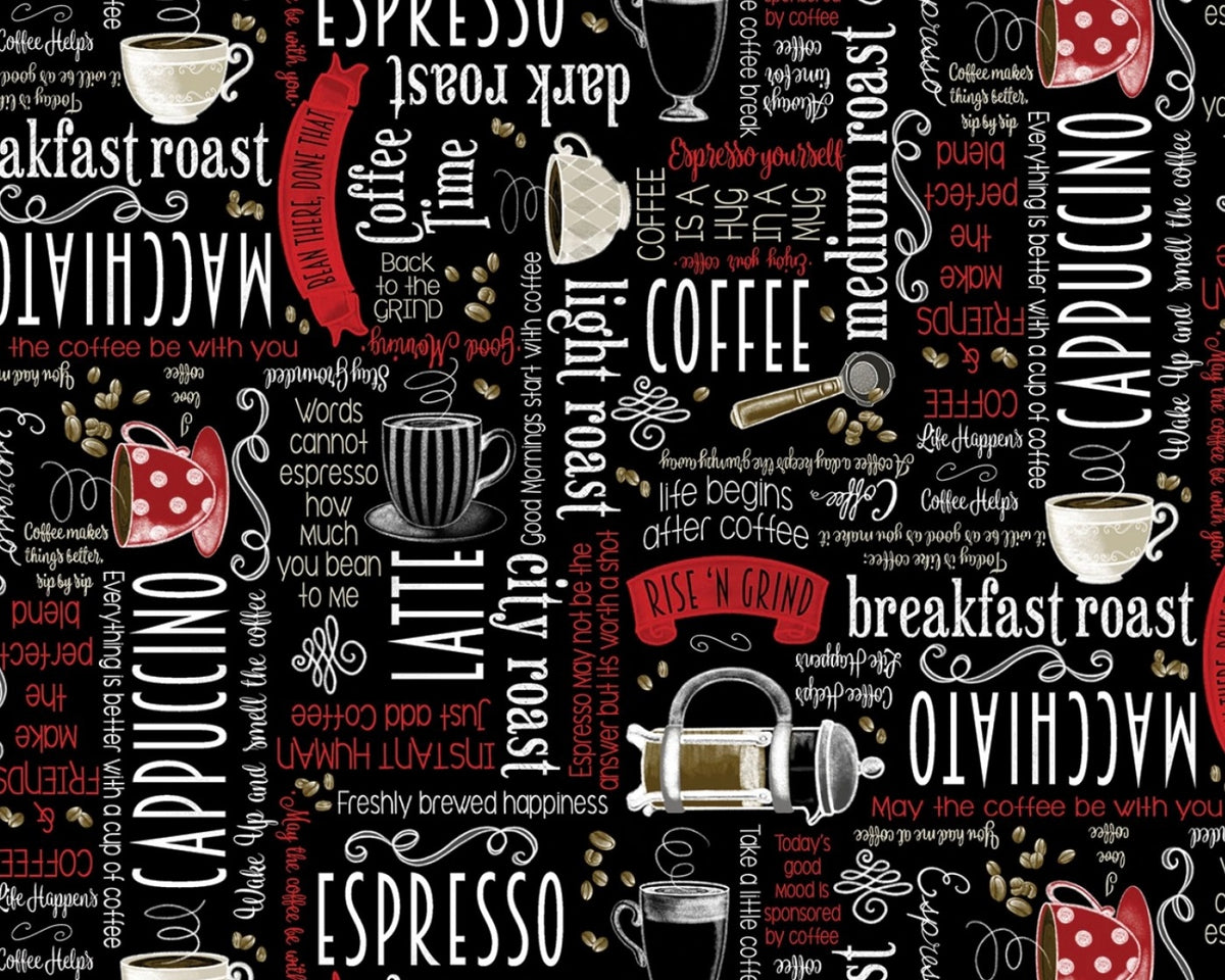 Perfect Brew - Coffee Time Words Black by Andi Metz from Benartex Fabrics
