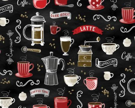 Perfect Brew - Rise N Grind Multi Black Red from Benartex Fabrics
