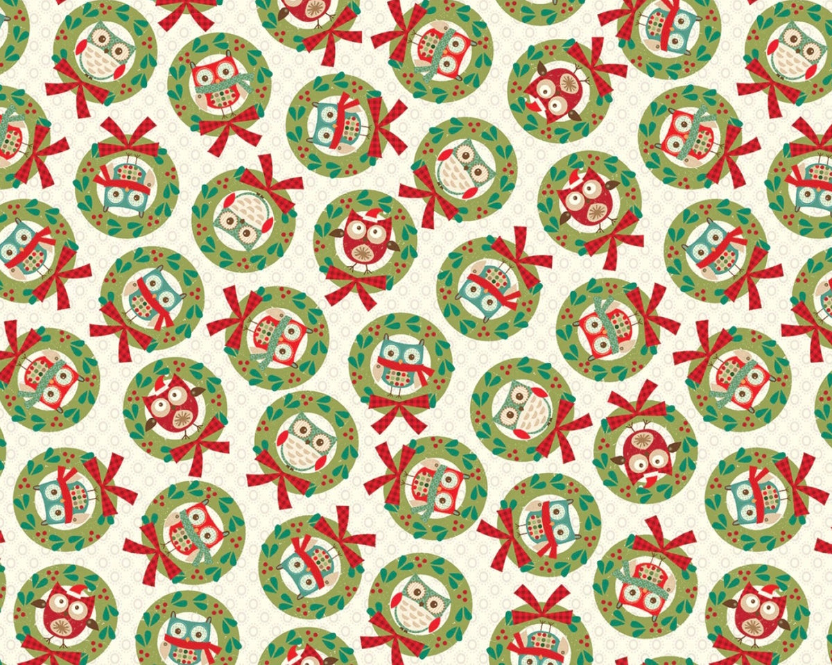Owl Be Home For Christmas - Wreath Owls Natural from Benartex Fabrics