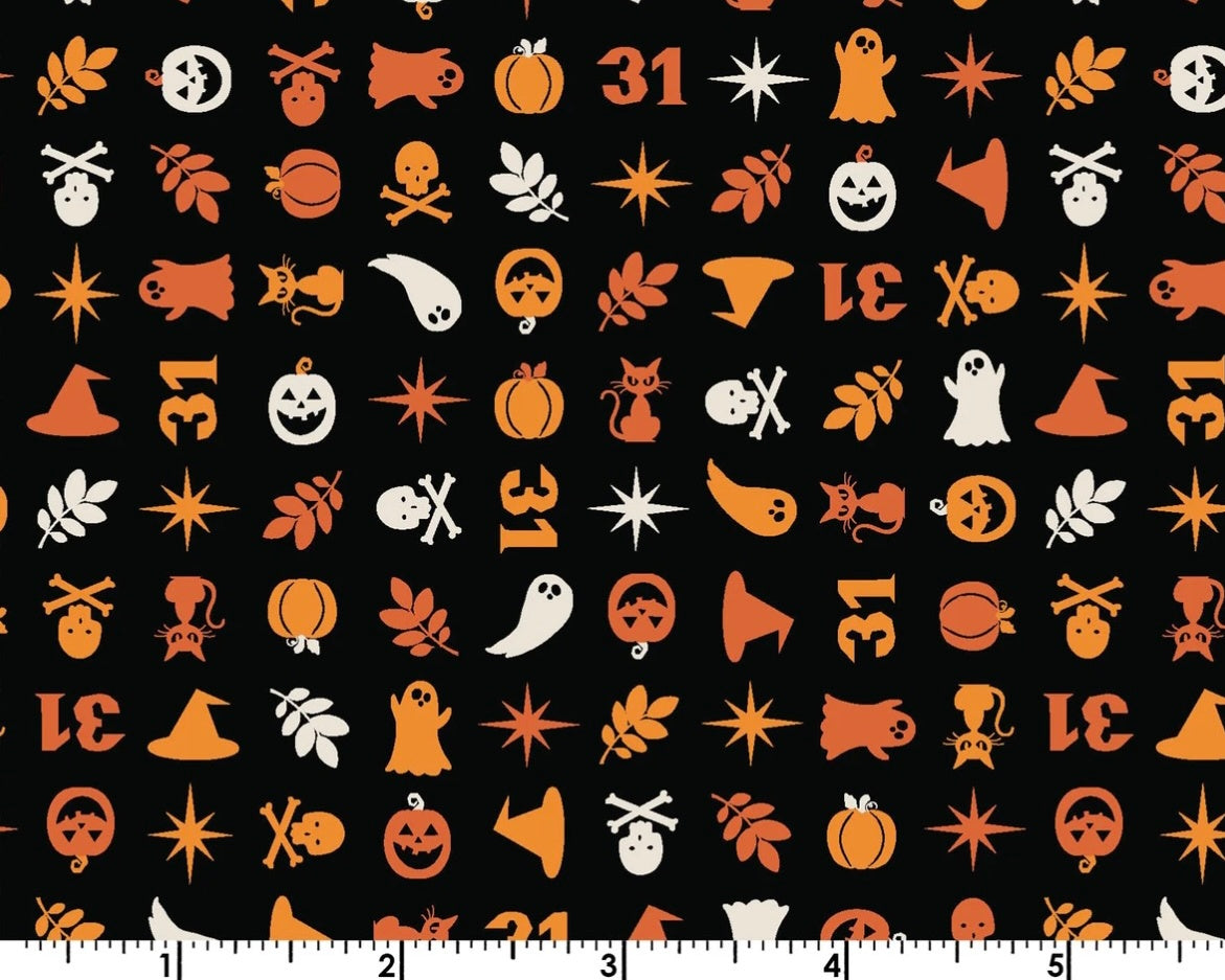 Pumpkins and Potions - Halloween Charms Black from Maywood Studio Fabric